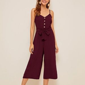 Shine button front solid belted cami jumpsuit